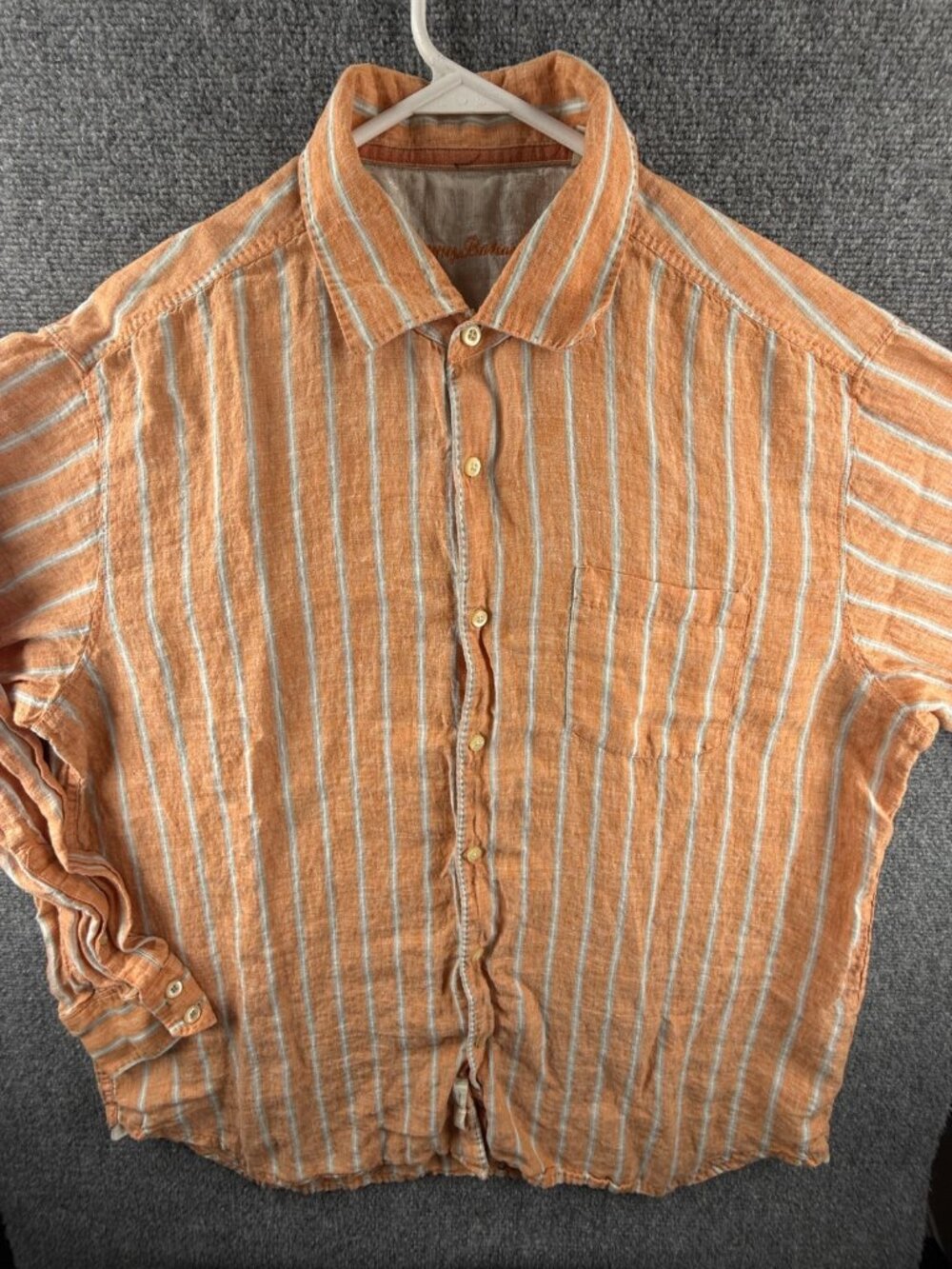Tommy Bahama XL Striped Blue Orange Linen Men Long Sleeve Hawaiian Beach Shirt